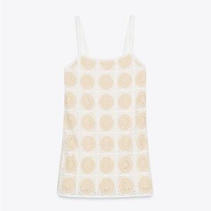 Zara Medium White and Tan Crochet Mini Summer | Boho Dress